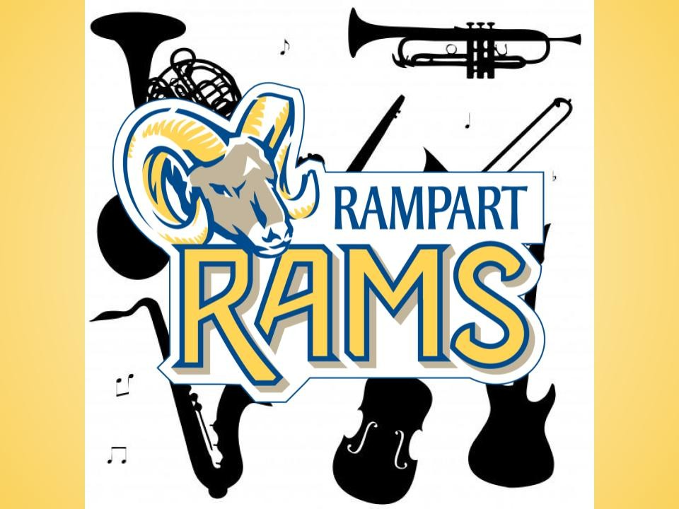 Yellow background with clip art black instruments and the Rampart Rams logo